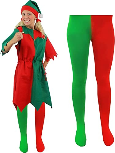 MENS & WOMENS CHEEKY ELF FANCY DRESS COSTUME. CHRISTMAS ELF COSTUME FOR MEN & WOMEN IN RED & GREEN WITH JINGLE BELLS, ELF TIGHTS, AND ELF HAT (XX-LARGE)