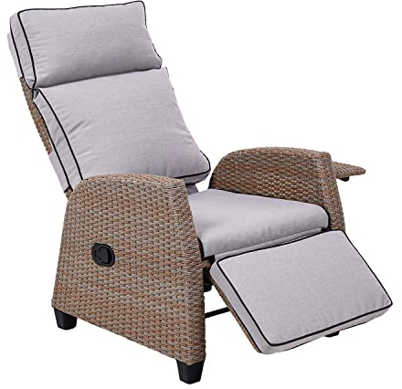 Grand patio Recliner PE Wicker, Adjustable Position Height Armchair with Flip Table and Cushion, Aluminum Frame, Lounge Chair for Indoor, Outdoor (Beige Cushion)