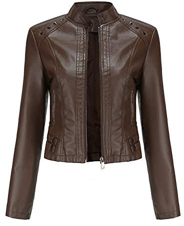 YYNUDA Veste Cuir Courte Moto Blouson à Rivet pour Femme Bomber Col Montant Jacket Similicuir Aviateur Printemps/Automne