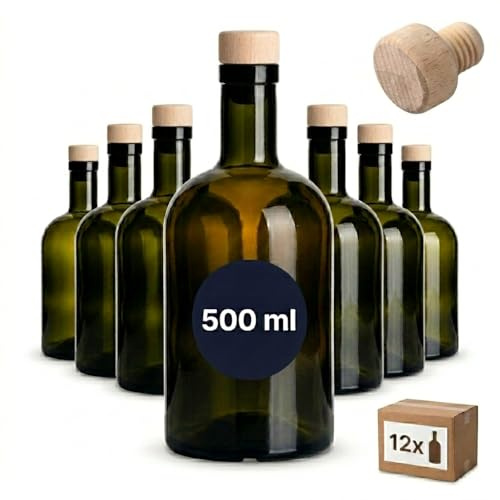 gouveo Set 12 bottiglie in vetro 500 ml classiche antiche con tappo in sughero (HGK) - bottiglia vuota 0,5 l in vetro per riempimento - bottiglia in vetro per liquore, gin, olio, aceto (KFA500HGK)