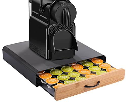 BAKAJI Boîte à capsules et dosettes de café compatible avec tous les types marques Stuttura en métal noir tiroir amovible en bois 36 x 33 x 7 cm