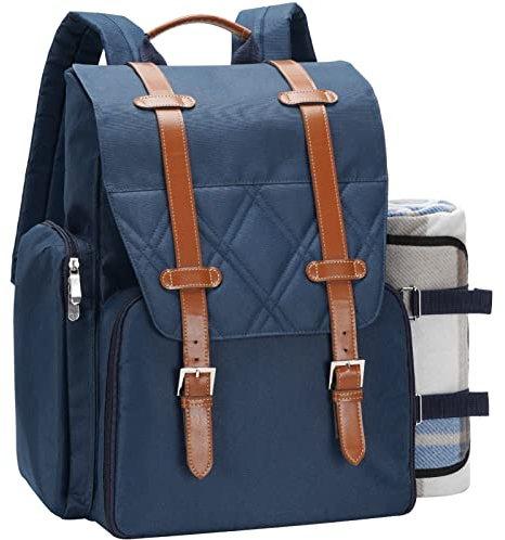 Picknick-Rucksack für 4 Personen mit großer isolierter Kühltasche, Picknickkorb-Set mit Weinbeutel, wasserdichte Picknickdecke und Besteck-Set. Perfekt für Camping, Hochzeitsgeschenk für Paare, Blau