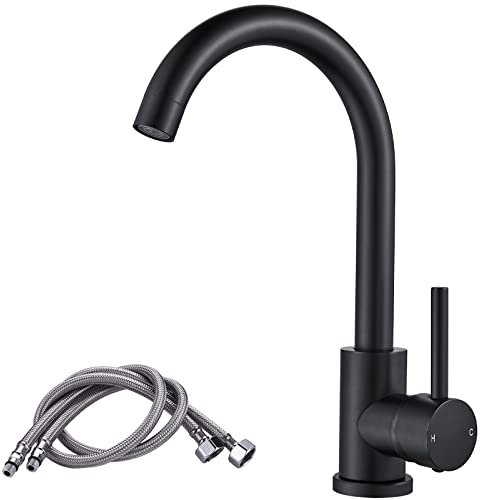 Kitchen Sink Mixer Tap, NewEast Single Lever Stainless Steel Black Monobloc Kitchen Tap 1 Hole Easy Fit with Hoses