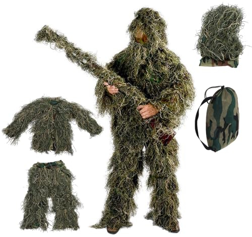 Yuehuamech Kinder Ghillie Anzug Outdoor Camo Spiel Anzug Camouflage Jagd Uniform Kinder Armee Kampf Kleidung 3D Atmungsaktiver Dschungel Anzug für Jagd Schießen Wildlife Fotografie Halloween