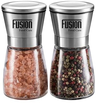Fusion Food Salt and Pepper Grinder Set – Refillable, Adjustable Coarseness, Mess-Free Stainless Steel & Glass Salt and Pepper Mills Grinder Set for Kitchen - Fresh Spices & Seasoning