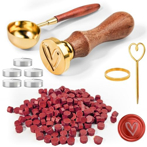 CoKeeSun 200Pcs Sealing Wax Beads Set, Red Wax Seal Beads, Octagon Wax Seal Set with 5 Tea Candles, Wax Melting Spoon, Wax Seal Stamp, Mixing Rod, Mold, for Wedding, Cards Envelopes, Gift Packages