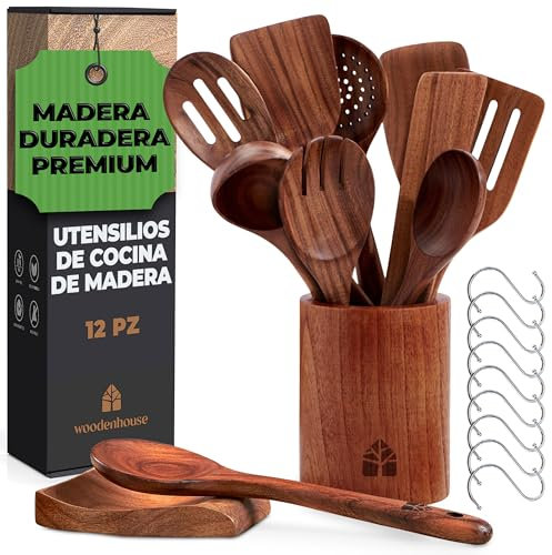 Set Utensili Cucina in Legno – Set di Cucchiaio Legno con Supporto, Porta Cucchiaio e Ganci, Legno di Teak e Nonstick – Set Resistente di 12 Pezzi di Woodenhouse