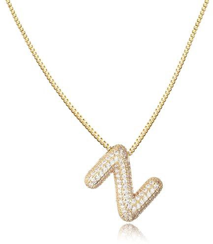 AFSTALR Women's Bubble Letter Chain Gold/Silver Ice Out Balloon Necklace with Initial Pendant Bubble Jewellery 45 + 5 cm, Stainless Steel Gold Z
