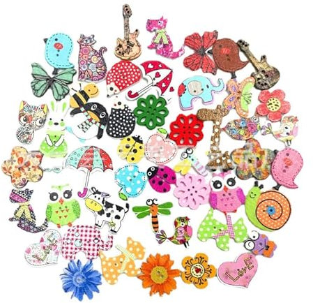 50 Stück Holzknöpfe Tiere zum Selberaufnähen - Handwerk Basteln Nähen - Puppenknöpfe Mit 2 Löchern, Bunt Kleine Knöpfe für Kinder und DIY Deko