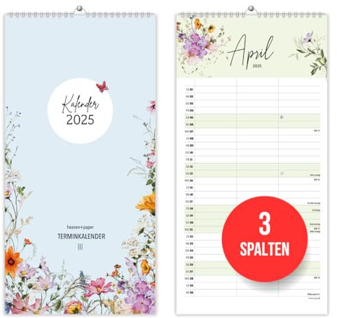 heaven+paper® Familienkalender 2026 3 Spalten | Familienplaner 2026 | Paarkalender & Wandkalender 2026 (21x42 cm) | Planer für Zwei | Mit Feiertagen & Schulferien | Made in Germany