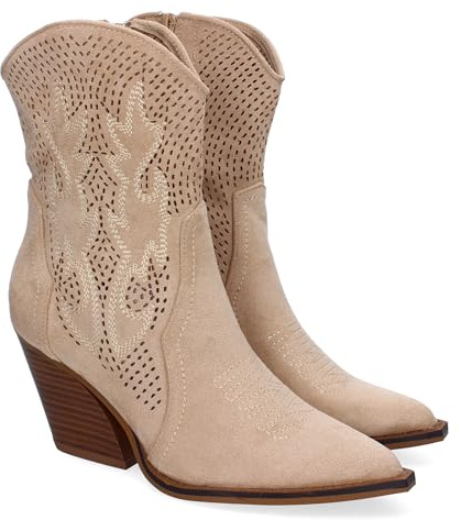 89155 Botin Campero con Tacon, Comodos, Diseno Calado con Bordado en Cana y Empeine y Cierre de Cremallera. Beige Talla 40