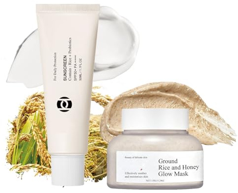 Rice Mask Beauty Skincare Sets mit Reis Sunscreen Face SPF50, Rice & Probiotics Sonnencreme, Gesichtsmaske Reis&Honig, Glass Skin Mask Korean, Straffende Haut, Sonnenschutz Gesicht Nicht Fettend