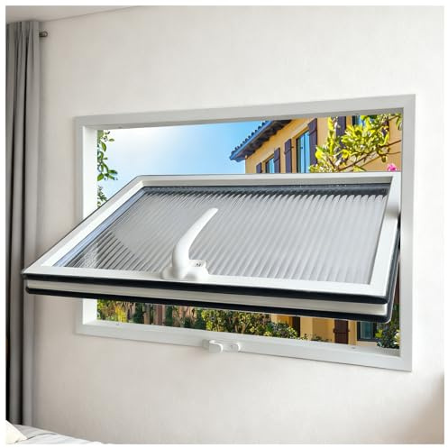24“×18” Shed Windows with White Frame, 360° Rotatable Flush Mount Sliding Window, Metal Tempered Glass Window with Handles, Replacement Windows for Bathroom Kitchen, House, Basement (White, 24“×18”)