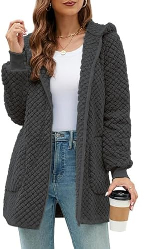 ABYOVRT Veste Polaire Femme Longue à Capuche Zippée Manteau Teddy Doux Veste Polaire d’Hiver avec Poches Pull Douillet Chaude et Confortable,Gris,S