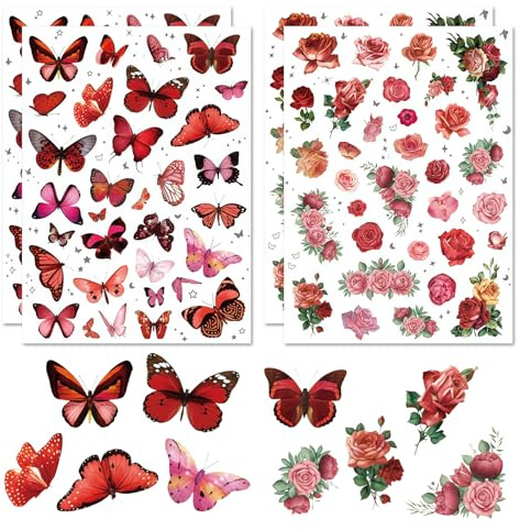 Auroriel 4 Foglie con Fiori e Farfalle Adesivi, Ideale per Bambini e Adulti, Adesivi per Scrapbook a Tema Primaverile, Set di Adesivi per Decorazioni Fai Da Te (Rosso)