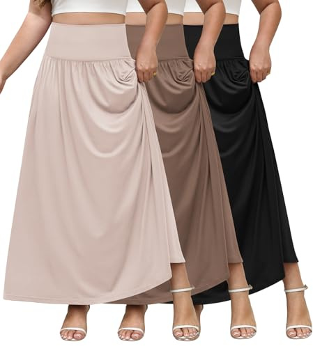 FULFIDREAM High Waisted Skirts for Women 3 Pack Plus Size Maxi Length Flowy Pleated A Line Skirts with Pockets