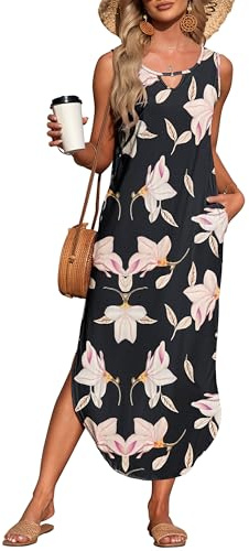 AUSELILY Robe Longue Maxi sans Manches d'été pour Femme,Fendue avec Poche | Col Rond découpé,Sans Manches,Fentes Latérales,Coupe Maxi Ample,Poches Latérales,Tissu Doux Extensible,Robe de Plage