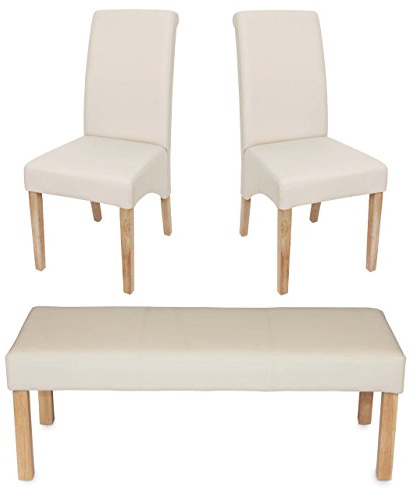 Esszimmergarnitur Garnitur M37, Bank und 2 Stühle Kunstleder - 120x43x49 cm Creme, helle Beine