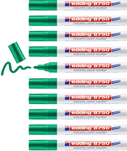 edding 8750 industry paint marker - vert - 10 stylos - pointe ronde 2-4 mm - marqueur pour peinture pour écrire sur des surfaces poussiéreuses et légèrement huileuses, pneus, métal, verre et bois