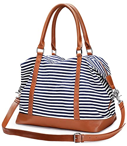 S-ZONE Reisetasche für Damen, Segeltuch, PU-Leder, Trim Strap, Reise, Weekender, Overnight, Schultertasche, Duffel, Handtasche, blaue Streifen, L, alles, Blaue Streifen, L, Tasche
