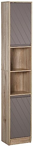 HOMCOM Armario de Baño Alto, Columna de Baño Estrecha con 2 Puertas y 2 Estantes Abiertos, para Espacios Pequeños, 30x24x170 cm, Roble y Gris