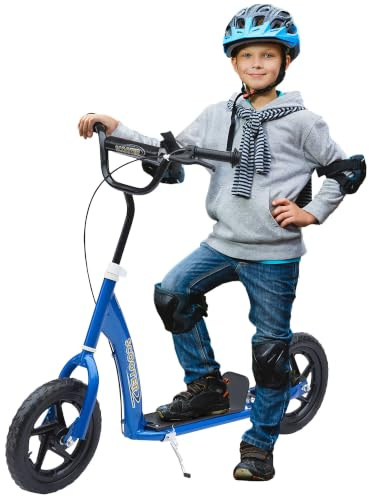 HOMCOM Trottinette Enfant Pneus 30 cm Guidon Réglable dès 5 Ans | Patinette, Hauteur Guidon Réglable, Poignée, Frein et Béquille, Acier