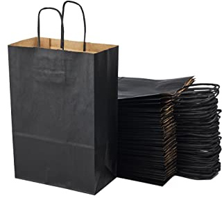 Set di 50 sacchetti neri in carta kraft con manici – 20 x 10 x 29,2 cm – borsa della spesa/confezione regalo per compleanno, Natale, matrimonio.