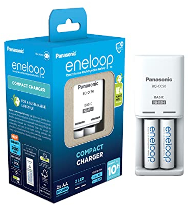 eneloop Compact Cargador, para 1-2 Pilas Recargables AA/AAA, 10h de Tiempo de Carga, 9 Funciones de Seguridad, 2 Pilas eneloop AA (2000 mAh) Incluidas