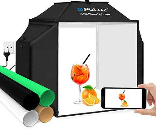 Fotobox & Softbox, PULUZ 40x40cm Fotostudio Set für produktfotografie, Faltbare Foto Lichtbox Fotografie Lichtzelt-Kit 5500K 480pcs LED-Beleuchtung mit 4 Farben PVC-Hintergrund