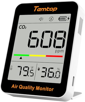 Temtop Moniteur de CO2 Dioxyde de Carbone Moniteur de Qualité de l'air Intérieur Portable, Capteur Mesure CO2 Température Humidité Temps pour Maison Bureau Ecole