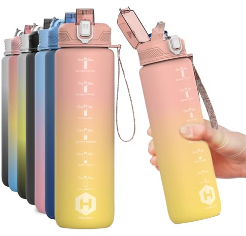 HOMEEX Motivational Fitness Sport Water Bottles with Straw & Time Maker, BPA-free Plastic Drink Bottle 1l Design for Girls, Boy Running,cycling (Pink & Yellow, 1000ML-32OZ)