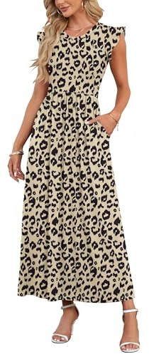 AUSELILY Women's Casual Ruffle Short Sleeve Maxi Dress Summer Loose Dresses with Pockets High Waist Long Dress Sexy Leopard,XXL