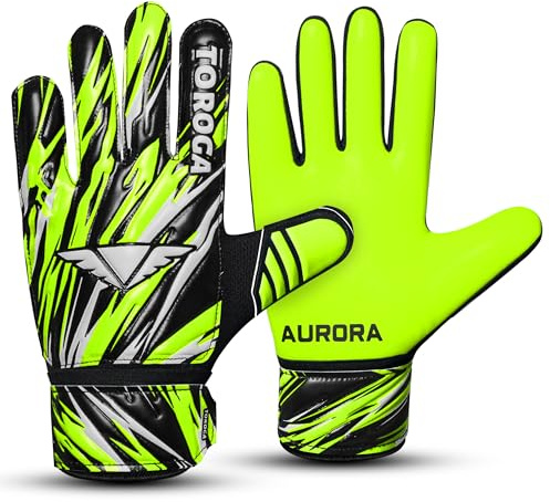 TOROGA Fotboll, målvaktshandskar, fotboll målvaktshandskar för barn pojkar barn ungdomar målvakt med 4 mm latex supergrepp finger ryggradsskydd halkskydd palm (fluorescerande gul, 5, tvåhänt
