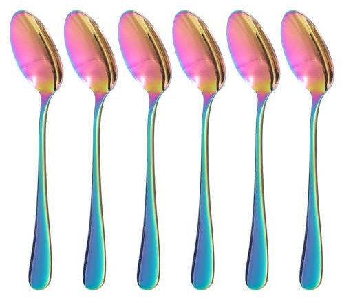 AOZUO 6 cucchiaini da caffè da 14 cm, in acciaio inox, cucchiaini arcobaleno, piccoli cucchiai per latte macchiato, cucchiai da dessert colorati, superficie a specchio, cucchiaino da caffè