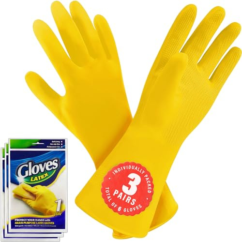 SteadMax Latex Cleaning Gloves (3 Pair), Reusable Rubber Dishwashing Gloves, Waterproof Household Kitchen Glove, Non-Slip Protective Washing Up Mitt, Yellow (Medium, 3 Pack)