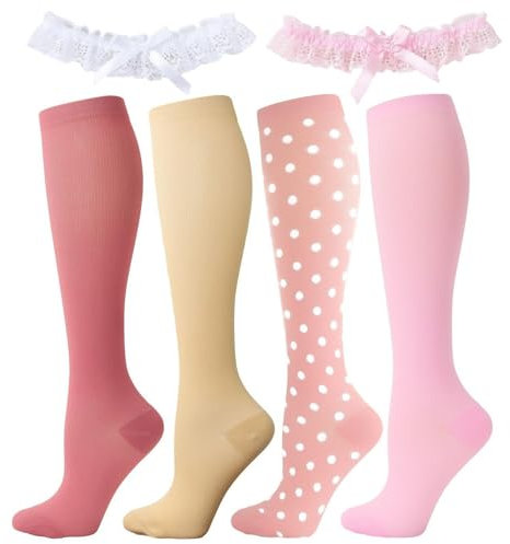 4 Pares De Calcetines De Mujer Y 2 Piezas De Anillos Para Las Piernas, Calcetines Elásticos, Calcetines De Compresión Deportivos, Adecuados Para Ciclismo, Fitness, Saltar, Correr