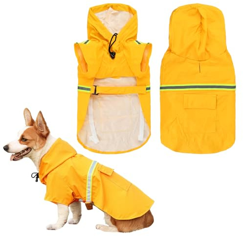 Amexo Impermeabile per Cani con Strisce Riflettenti Giacca da Pioggia Impermeabile per Cane con Regolabile Cappuccio Poncho Ultraleggero per Cani di Taglia Piccola Medio e Grande (L)