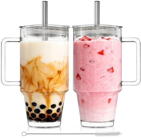KEMORELA 24oz Clear Glass Tumbler with Handle, Lid & 13mm Stainless Steel Straws,2 set–Wide-Mouth Reusable Glass Cups for Cold & Hot Drinks, Ideal for Boba,Smoothies, Iced Coffee & Juice, Travel Cup