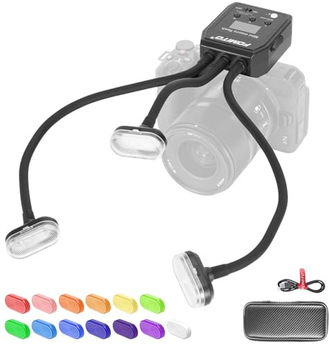 Fomito Triple Head Macro Flash - Universal Hot Shoe, 8-Level Brightness, 9-Stop LED Focus Assist, USB-C Rechargeable (2000mAh) - 17.52inch