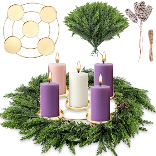 Reallnaive 1 Set Christmas Advent Wreath Ring DIY Advent Wreath Candle Holder Traditional Catholic Christmas Decoration Set for Church Table Centerpiece Holiday Decorations Gift(Cypress)