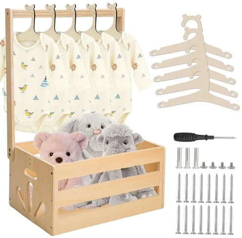 HIULLEN Baby Shower Crate Closet with 5 Hangers, Wooden Baby Hamper Basket, Wooden Baby Basket, Decorative Basket Storage Crate with Handle for Baby Shower Pregnancy New Parent Gifts
