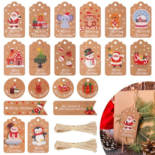100 Piezas Etiquetas Regalo Navidad,Etiquetas de Papel Kraft Navidad con Cuerda，20 Patrones de Etiqueta de Vintage para Envolver Regalos Decoración Hogar