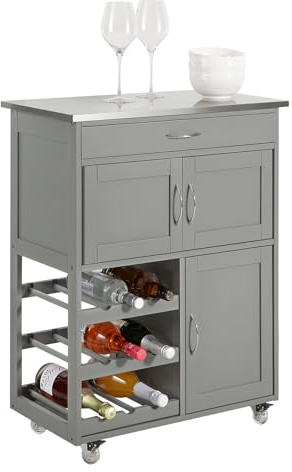 SoBuy Carrito Auxiliar de Cocina con Ruedas Mueble Cocina con Cajón Botellero y Estantes Carro Multifuncional como Mesa Auxiliar para Estantería Cocina Comedor y Exteriores Gris 67x38x86cm FKW45-HG