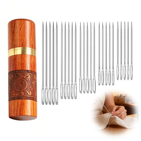 Aiguilles Couture Set 1pc, Aiguille a Coudre en Acier Inoxydable avec Boite en Bois de Hêtre, Enfile Aiguille pour Broderie Main et Projets Artisanaux, Aiguille a Laine et Cuir, Kit Couture