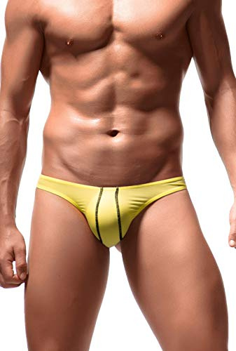 Newsywell Hombre Seda de Hielo Tanga Elastane G-String Transpirable Mini Hilo Tela de Seda Bordado Cintura Baja Bikini Ligero Slip Ropa Interior Amarillo Large