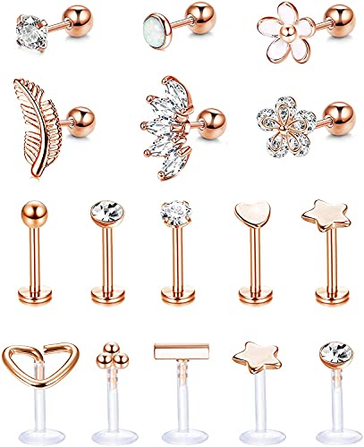 Milacolato Vorwärts Helix Knorpel Tragus Ohrringe Ohrstecker Edelstahl Acryl Klare Lippen Nasenringe Labret Ohrstecker CZ Blumen Blatt Opal Langhantel Helix Knorpel Ohrring Monroe Piercing Schmuck 16G