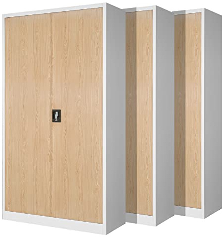 Jan Nowak Set di 3 Armadio da Ufficio C001 Archivio per Officina in Metallo Verniciato a polvere Chiudibile 195 cm x 90 cm x 40 cm (Bianco-Aspetto Legno)