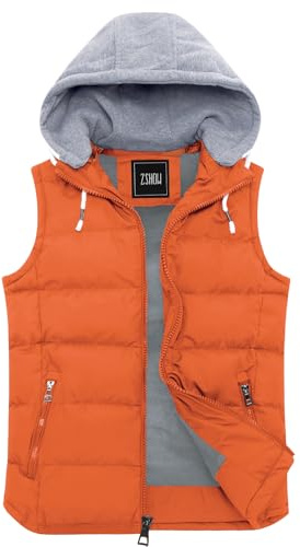 ZSHOW Vinterväst för män Quiltad vaddering Puffer Ärmlös jacka Varm utomhusväst Kroppsvärmare med huva orange S