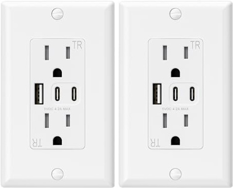 ELEGRP USB Outlets, 15 Amp Wall Outlet with 3 USB Ports, Dual USB C Ports Outlets, TR Tamper-Resistant USB Outlets Receptacles, Wall Plate Included, UL/CUL Listed, 2 Pack, White