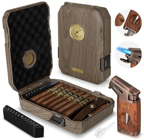 AWOTE Travel Cigar Humidor Case - Cedar Lined, V Cut Cutter, Portable Humidor with Humidifier & Hygrometer, Holds 7-9 Cigars, Includes Lighter - Gift Set